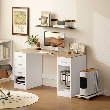 Office Desk, 55" Computer Desk with 4 Reversible Drawers, Mobile PC Stand, Adjustable Shelf, White Wood Grain