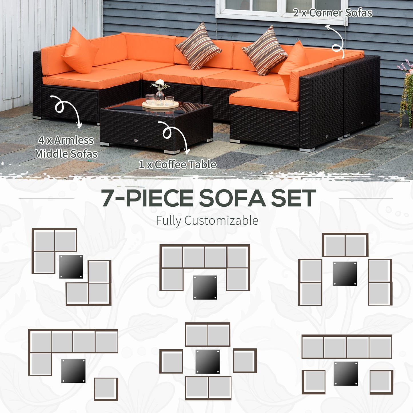 7 Pieces Patio Furniture Set, Rattan Conversation Set Garden Wicker Sofa Set with Washable Cushions and Coffee Table, for Deck Balcony Yard, Orange