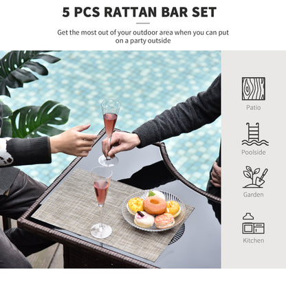5 Pieces Patio Bar Set, Outdoor PE Rattan Wicker High Top Outdoor Table and Chairs Outdoor Bar Set with Tempered Glass Top Bar Table and Shelves, 4 Bar Chairs, Dark Brown