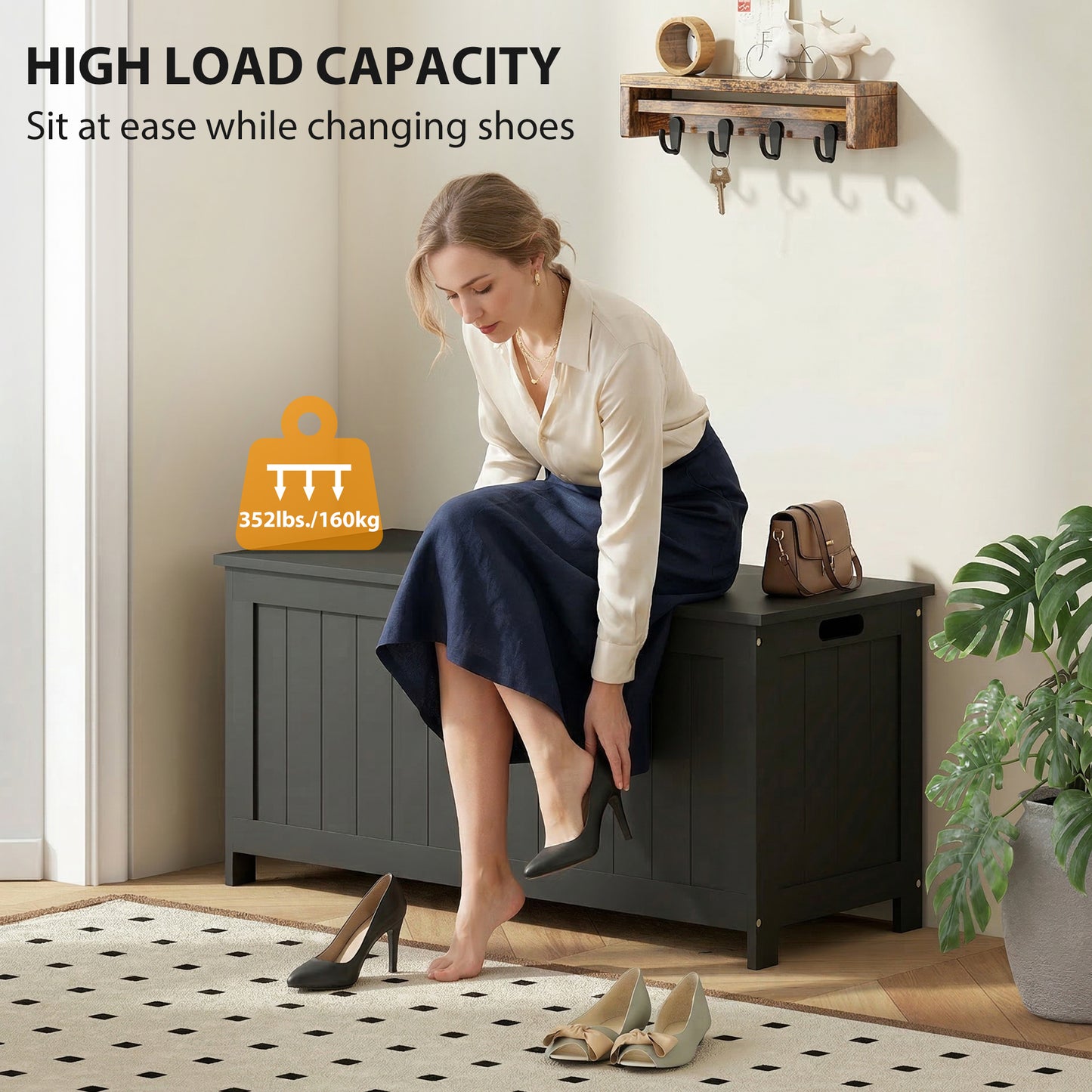 Storage Trunk with 2 Safety Hinges, Modern Entryway Bench with Side Handles, Storage Chest for Living Room, Black