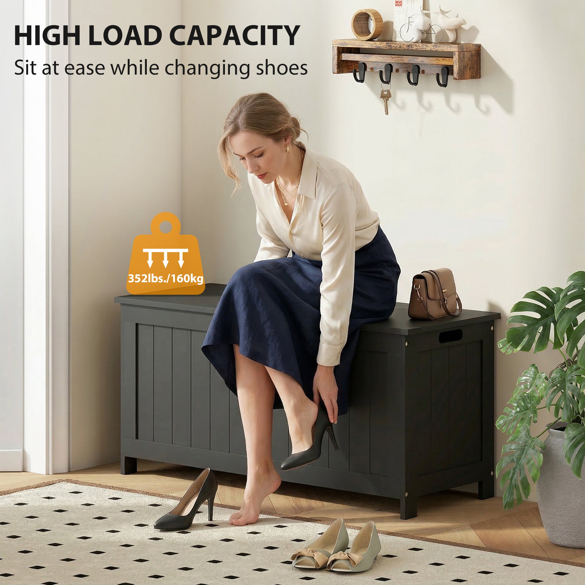 Storage Trunk with 2 Safety Hinges, Modern Entryway Bench with Side Handles, Storage Chest for Living Room, Black