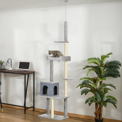 Cat Tree Floor to Ceiling Cat Tower Height Adjustable( 85-101 Inches), Tall Large Cat Climbing Activity Center with Scratching Posts Cat Condo Cozy Bed, Grey