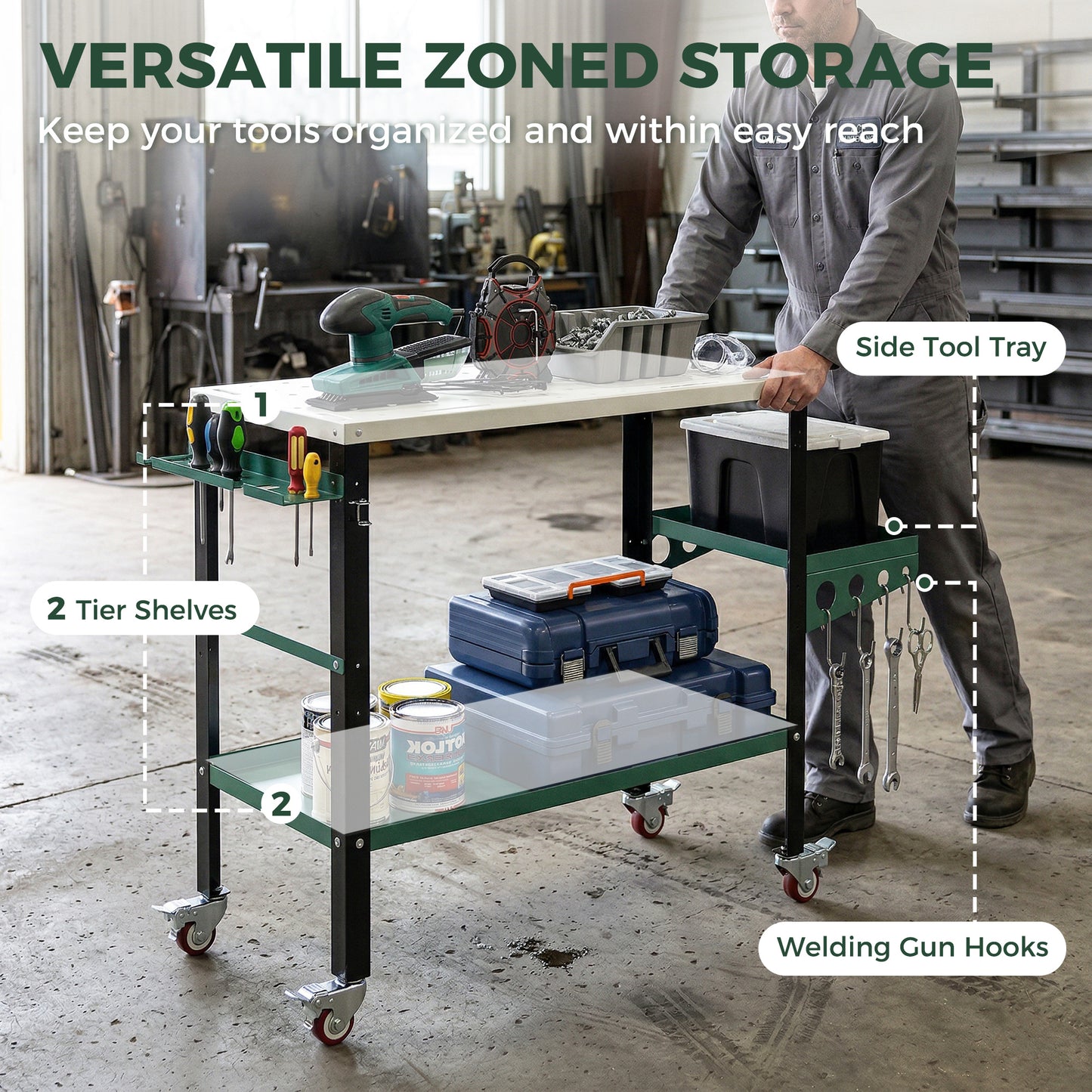 2Tier Rolling Tool Cart with Wheels, Lockable Steel Heavy Duty Cart with Side Tray, Silver & Green