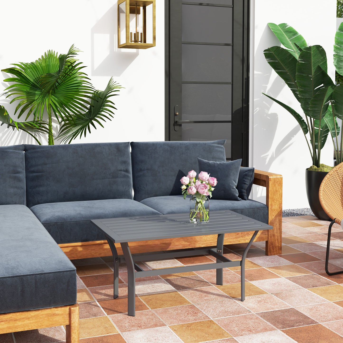 Outdoor Side Table with Slatted Tabletop, Metal Patio Coffee Table for Garden, Balcony, Dark Grey