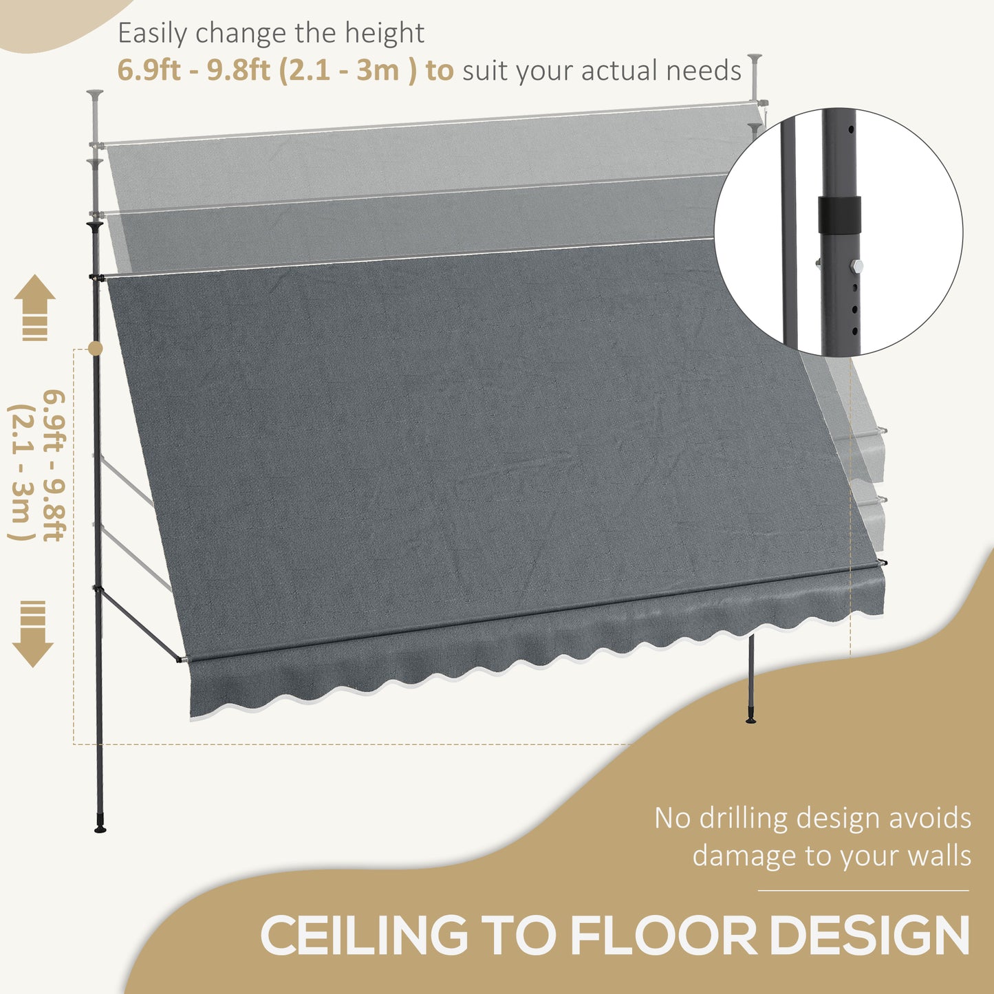 11.5' x 4' Manual Retractable Awning, Non-Screw Freestanding Patio Awning, UV Resistant, for Window or Door, Dark Grey