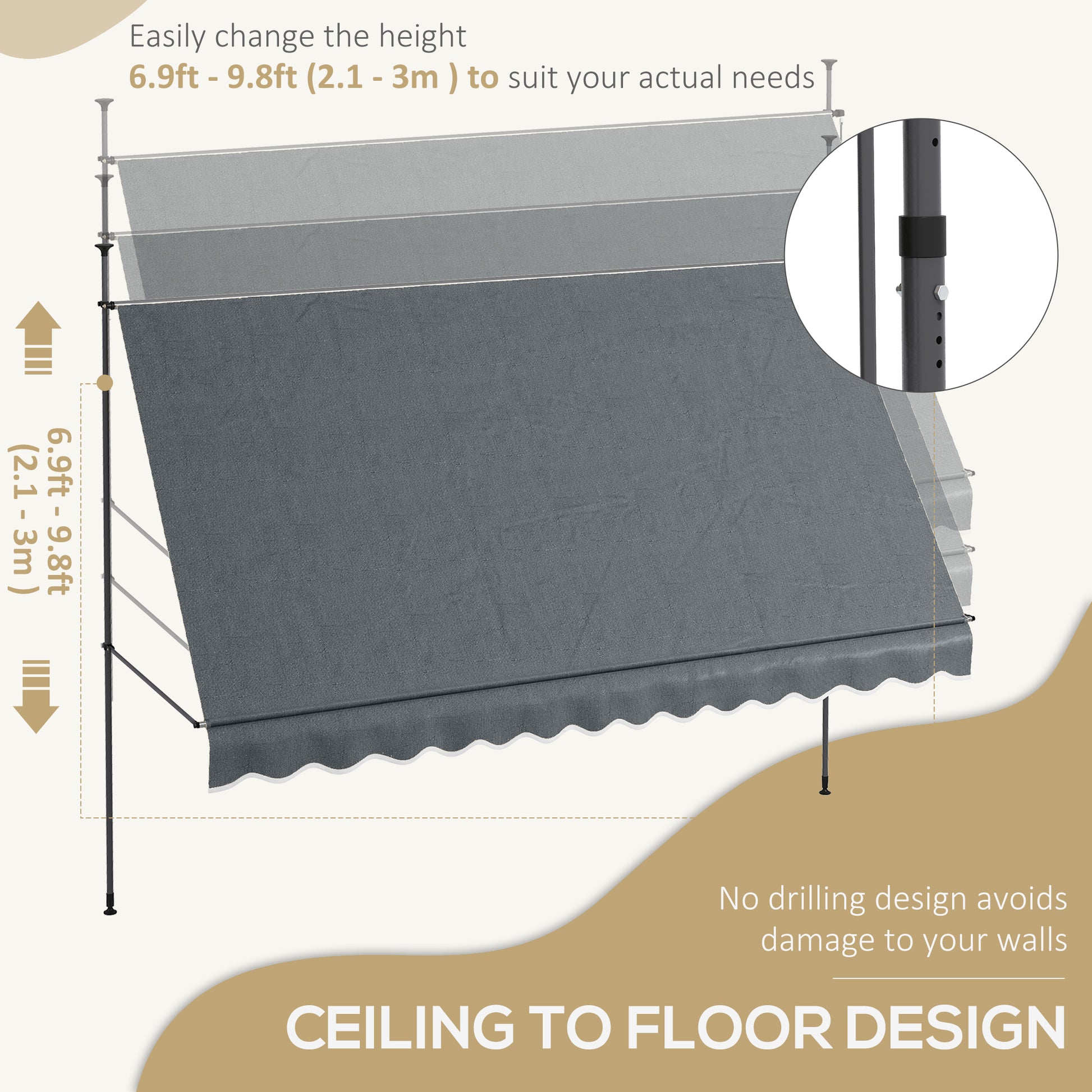 11.5' x 4' Manual Retractable Awning, Non-Screw Freestanding Patio Awning, UV Resistant, for Window or Door, Dark Grey