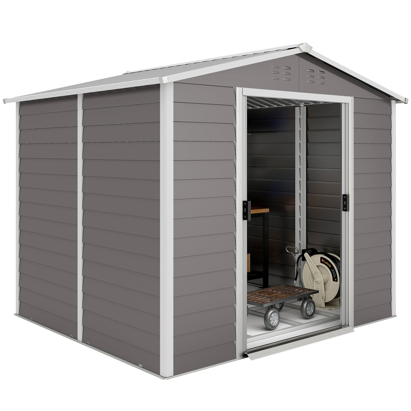 8' x 7' Outdoor Storage Shed, Easy to Assemble, Upgraded Galvanized Metal Garden Shed with Lockable Doors, Floor Frame and Gloves for Backyard, Lawn, Patio, Light Grey
