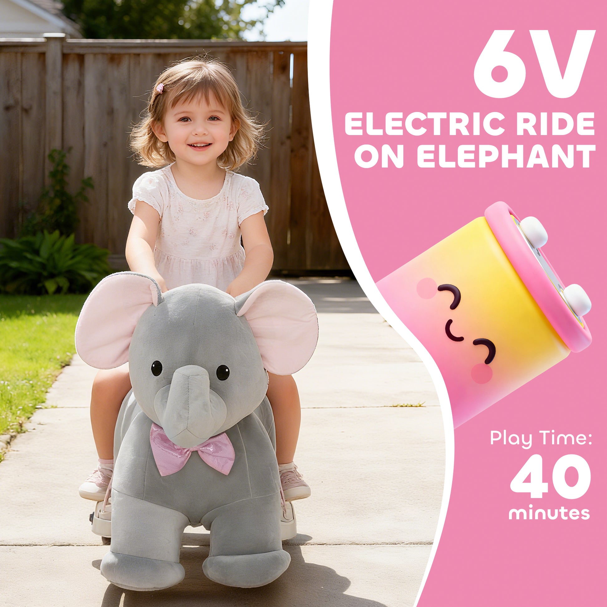 Qaba 6V Kids Ride on Toy, Ride on Horse Elephant with Music, Soft Touch, Silent PU Wheels, Forward, for 1.5-5 Years