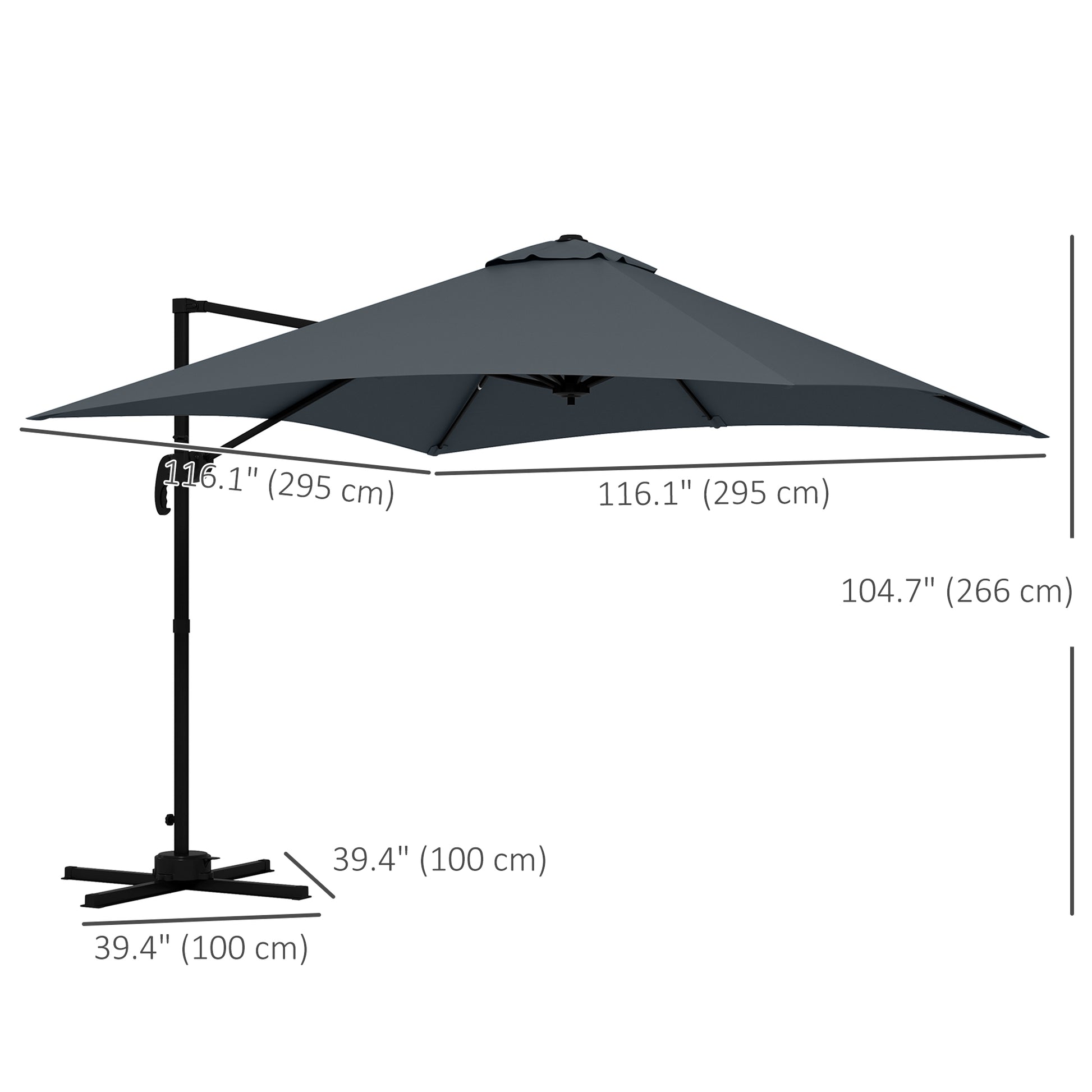 10x10ft Cantilever Umbrella Rotatable Square Market Parasol, 4 Adjustable Angle for Outdoor Backyard Patio Dark Grey