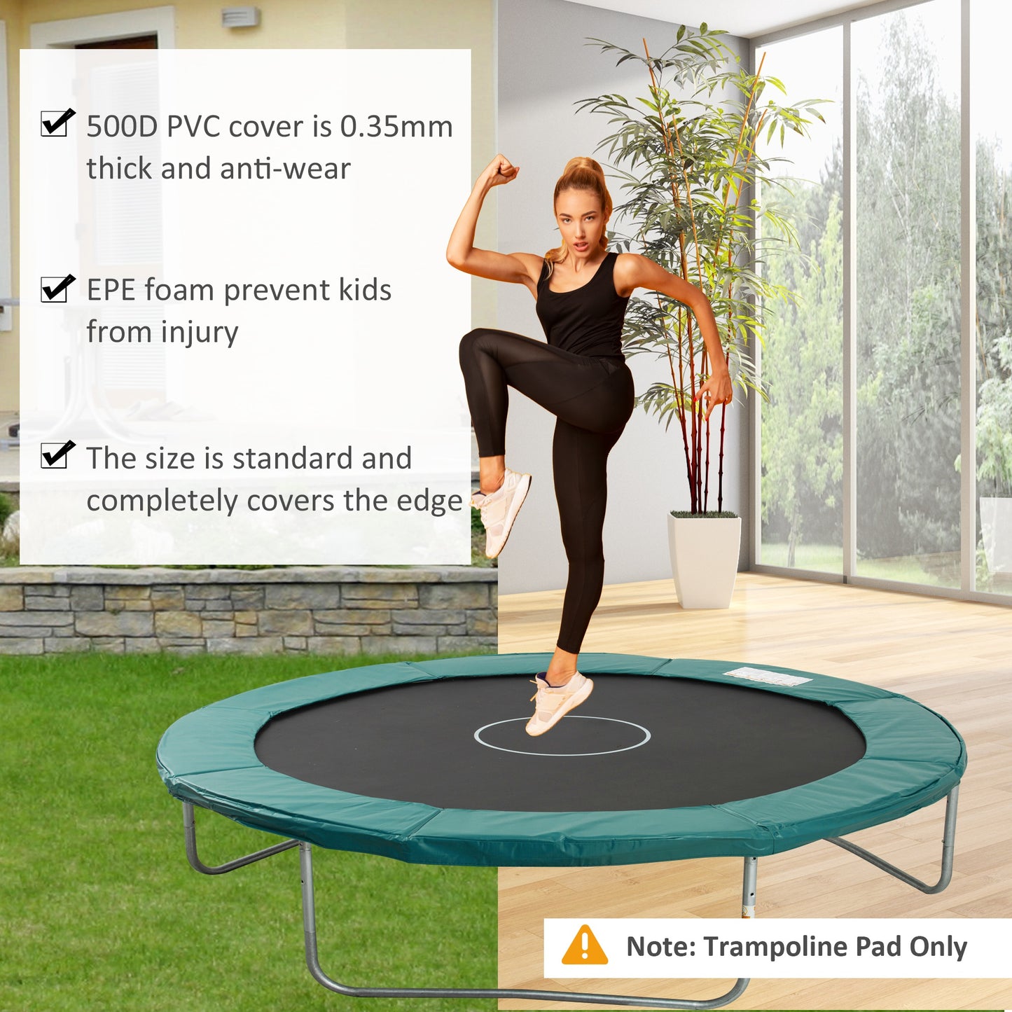Soozier Trampoline Pad, 14FT Replacement Trampoline Safety Pad Mat Spring Cover, Water-Resistant, UV-Resistant, Tear-Resistant, No Holes for Pole, Green