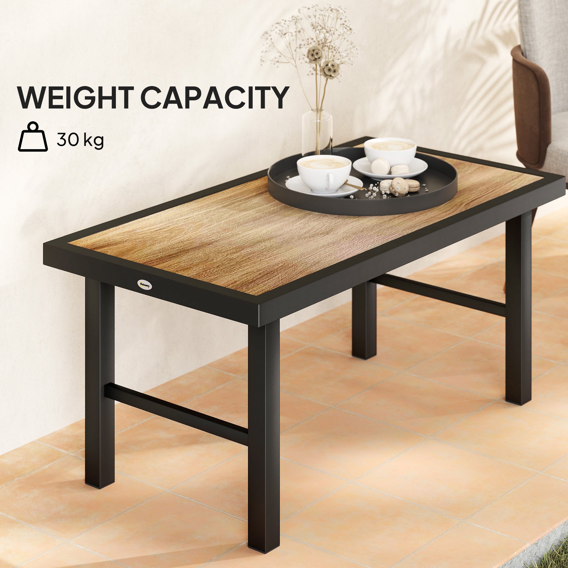 Outdoor Side Table with SPC Woodgrain Tabletop, Metal Patio Coffee Table for Outside Garden, Brown