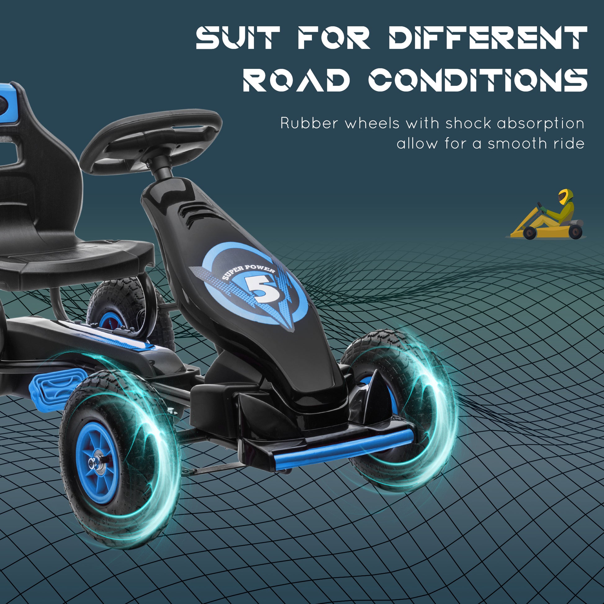 Aosom Kids Pedal Go Kart, Ride On Toys for Boys Girls with Ergonomic Adjustable Seat, Rubber Wheels Shock Absorb, Safety Hand Brake, Ages 5-12 Years Old, Blue