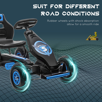 Aosom Kids Pedal Go Kart, Ride On Toys for Boys Girls with Ergonomic Adjustable Seat, Rubber Wheels Shock Absorb, Safety Hand Brake, Ages 5-12 Years Old, Blue