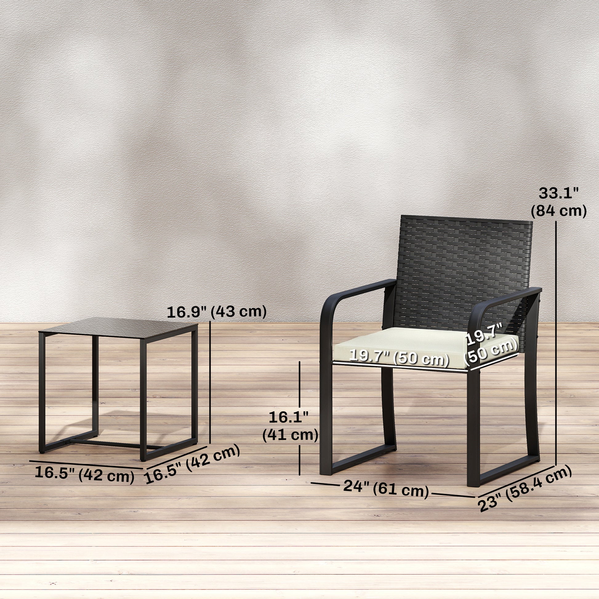 Outdoor Bistro Set, 3 Piece Wicker Patio Furniture with Mesh Seat, Glass Table, Cushions for Porch, Balcony, Cream White