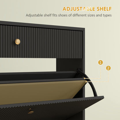 Narrow Shoe Storage Cabinet with Wave-like Panels and Adjustable Shelves for 12 Pairs of Shoes, Black