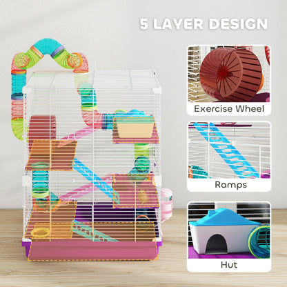 5 Tiers Hamster Cage Portable with Exercise Wheels Play Tube Water Bottle Dishes House Ladder for Gerbils, Purple