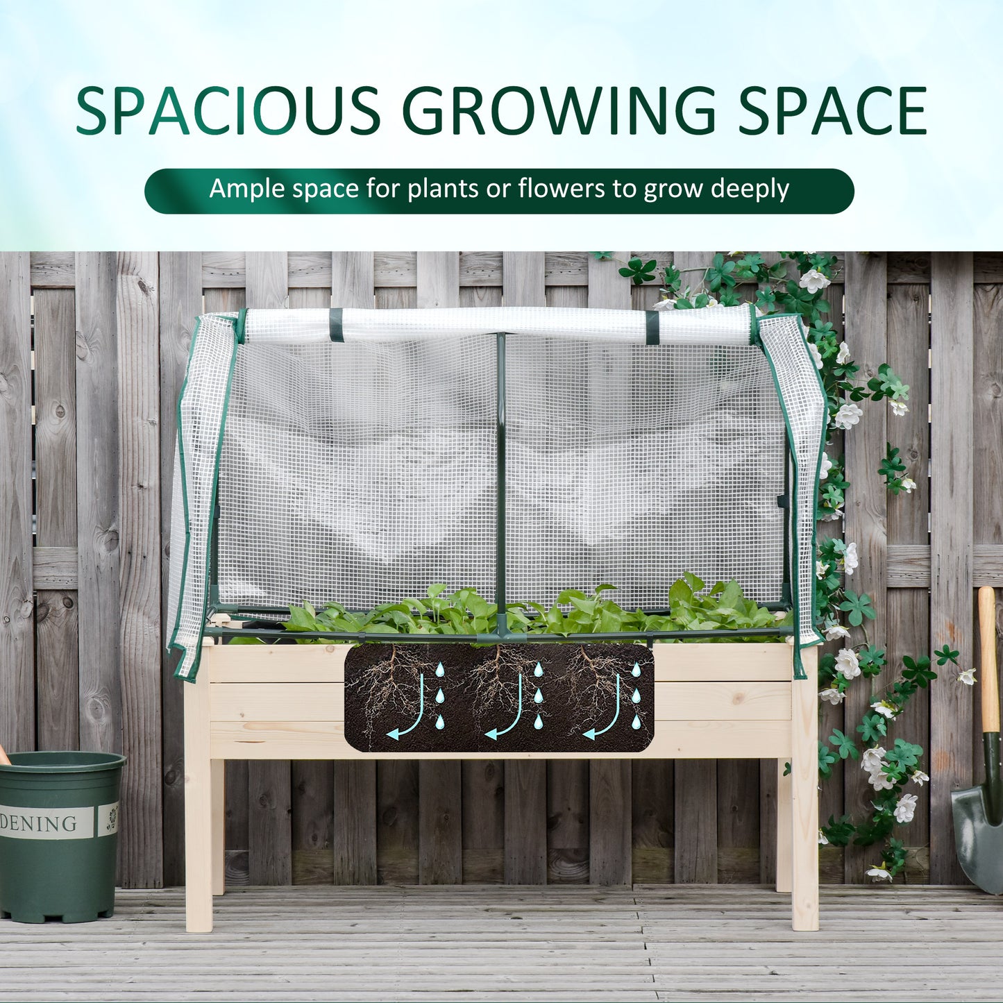 Raised Garden Bed with PE Greenhouse Cover Outdoor Elevated Wood Planter Box for Herbs and Vegetables, Use for Patio, Backyard, Balcony, 48 x 22 x 46 inch, Natural