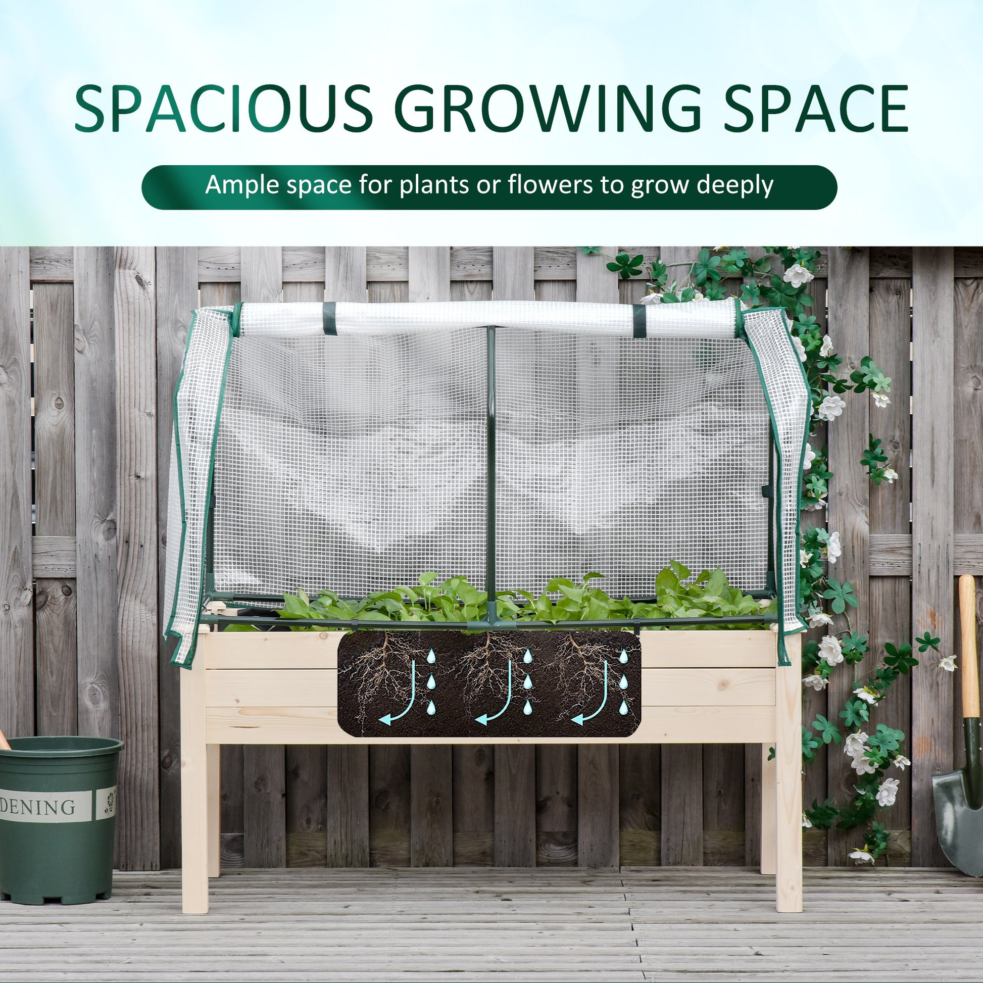Raised Garden Bed with PE Greenhouse Cover Outdoor Elevated Wood Planter Box for Herbs and Vegetables, Use for Patio, Backyard, Balcony, 48 x 22 x 46 inch, Natural