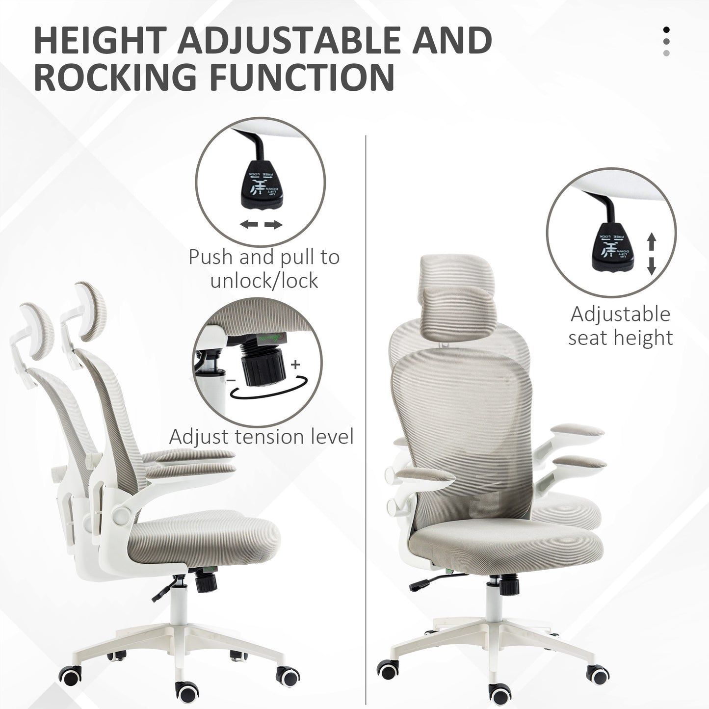 Office Chair, Mesh Computer Desk Chair with Adjustable Headrest, 4D Lumbar Support, Flip-up Arm, Grey