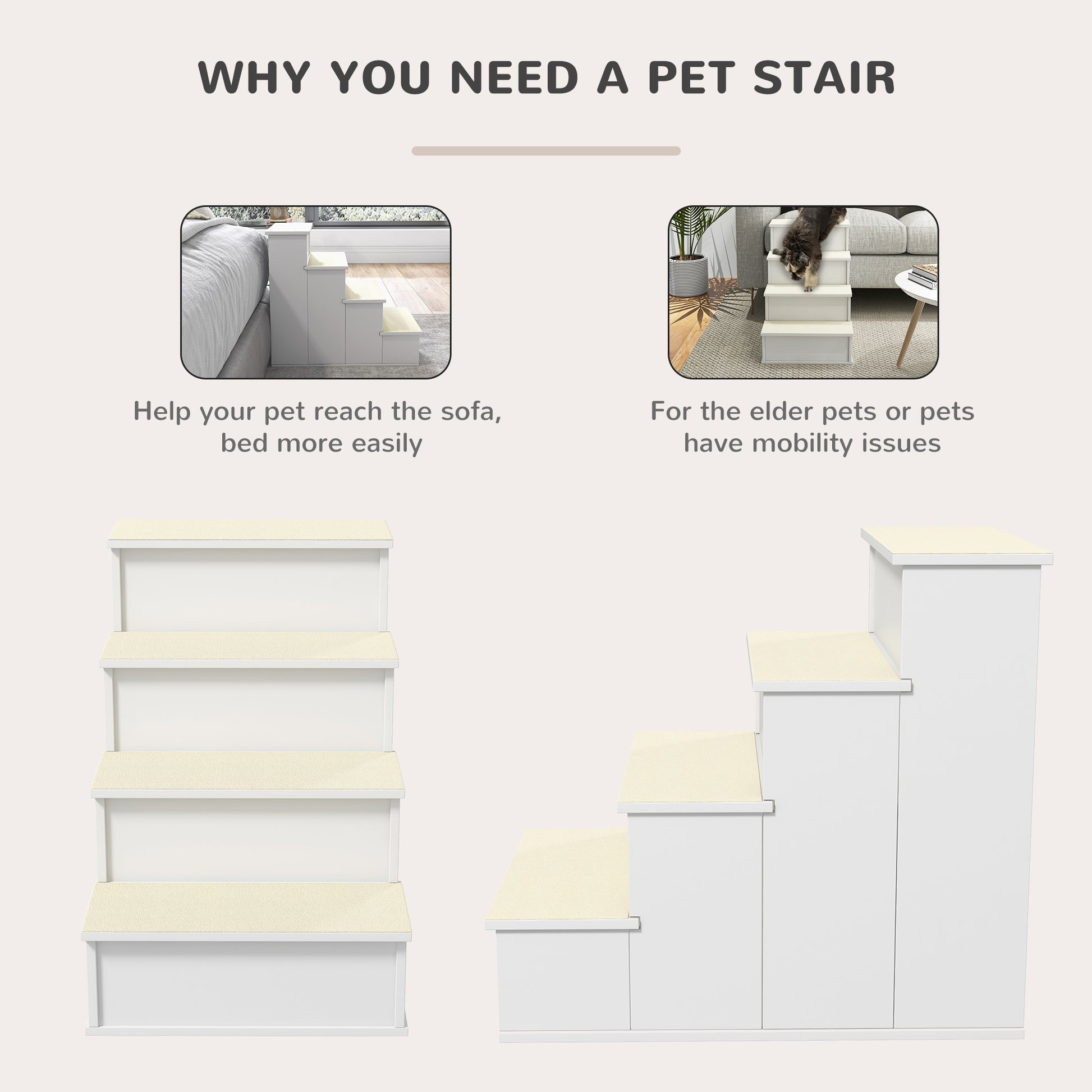 Dog Steps Pet Stairs for Bed Cat Ladder for Couch with Non-Slip Carpet, 15.7" x 23.2" x 21.3", White