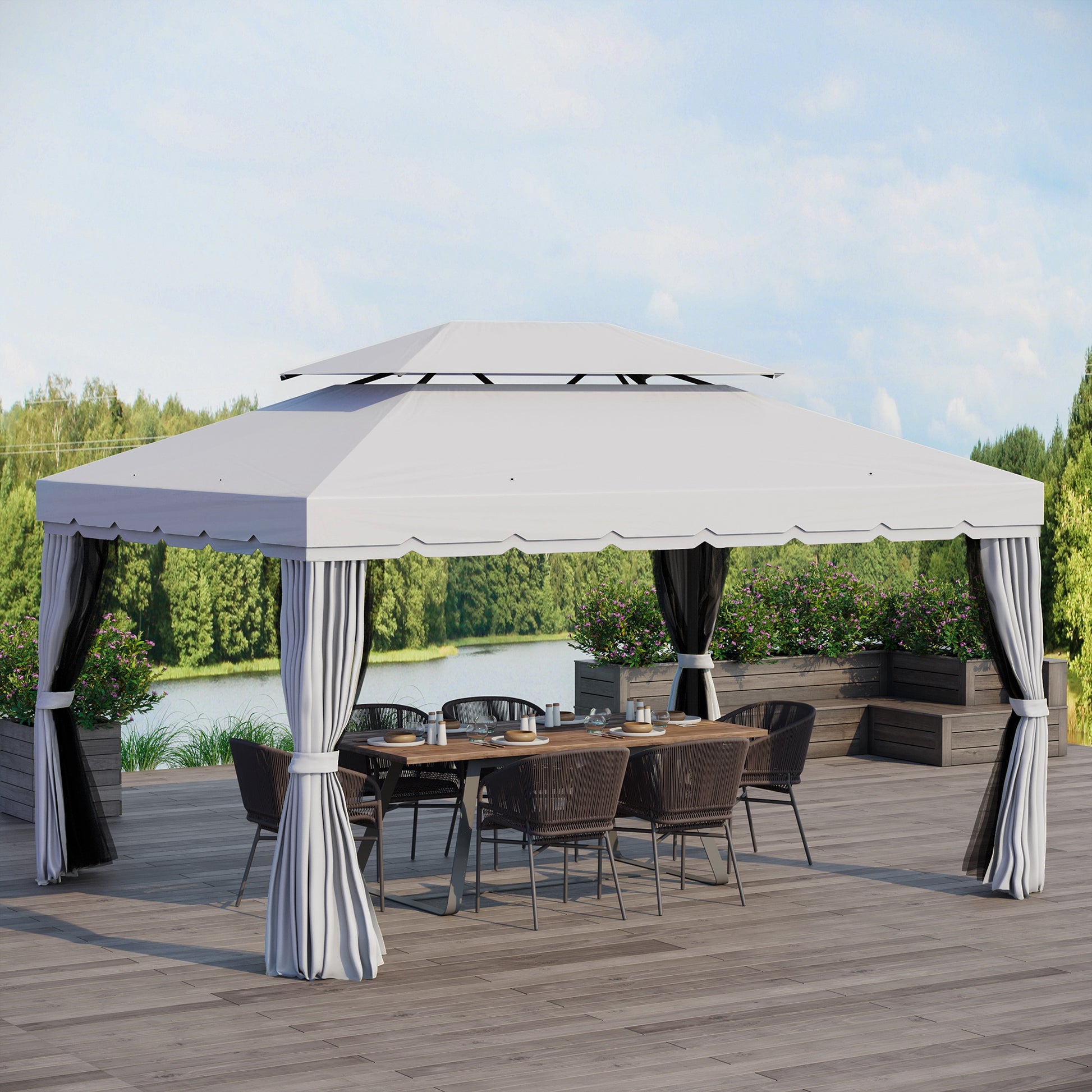 13' x 10' Outdoor Patio Gazebo Canopy with 2-Tier Polyester Roof, Vented Mesh Sidewalls and Strong Aluminum Frame for Backyard and Garden, Grey