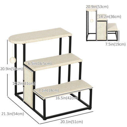 20" 3 Steps Cat Stairs, Carpeted Ladder Ramp, Pet Steps with Scratching Board and Hanging Ball for Small Cats, Steel Frame, Cream White