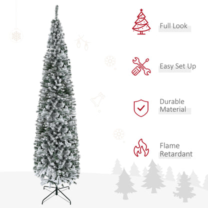 9ft Flocked Christmas Tree, Pencil Christmas Tree with Realistic Branch Tips, Folding Metal Stand, Green