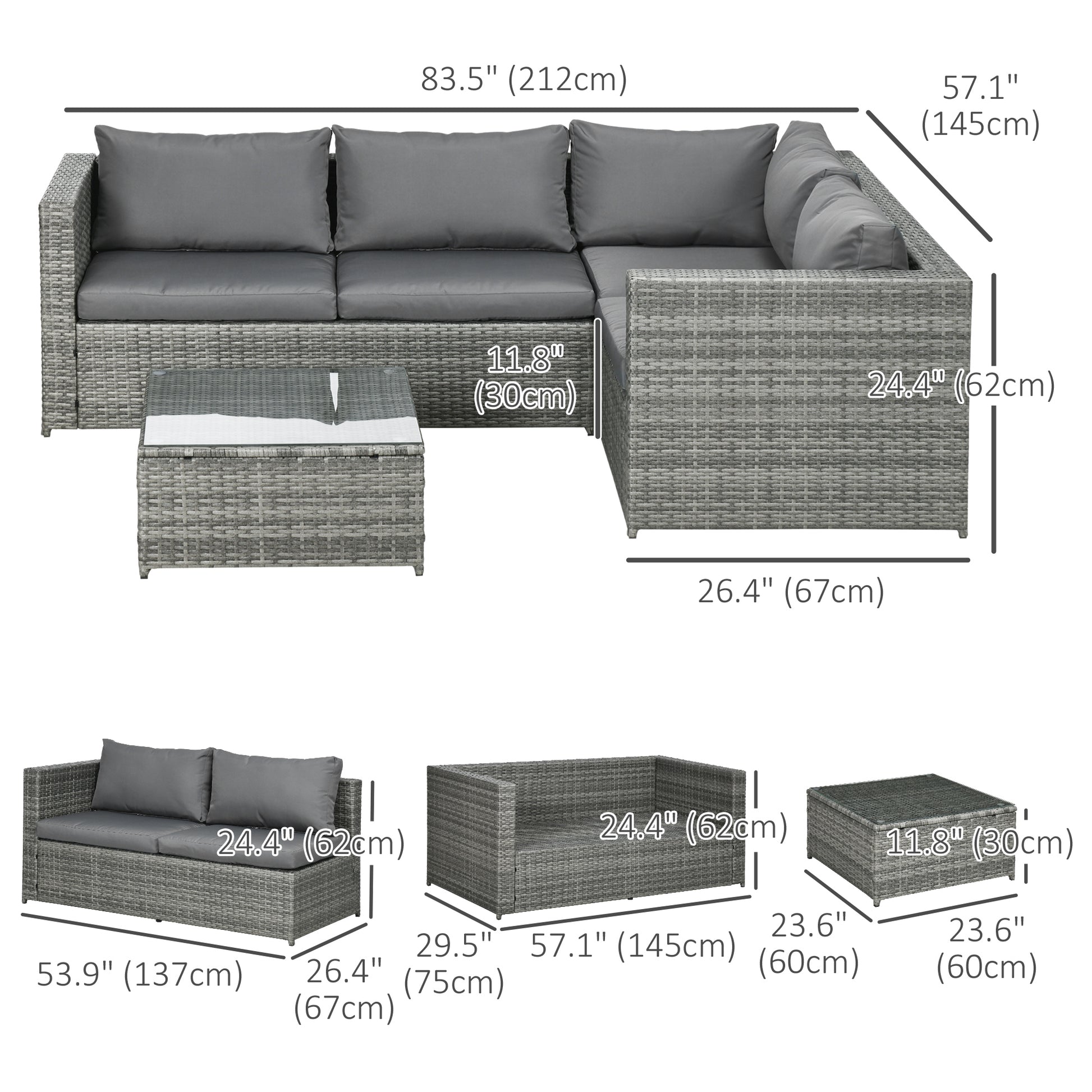 3 Pieces Rattan Wicker Outdoor Conversation Furniture Set w/ Loveseats Coffee Table Cushions for Garden, Patio, Grey