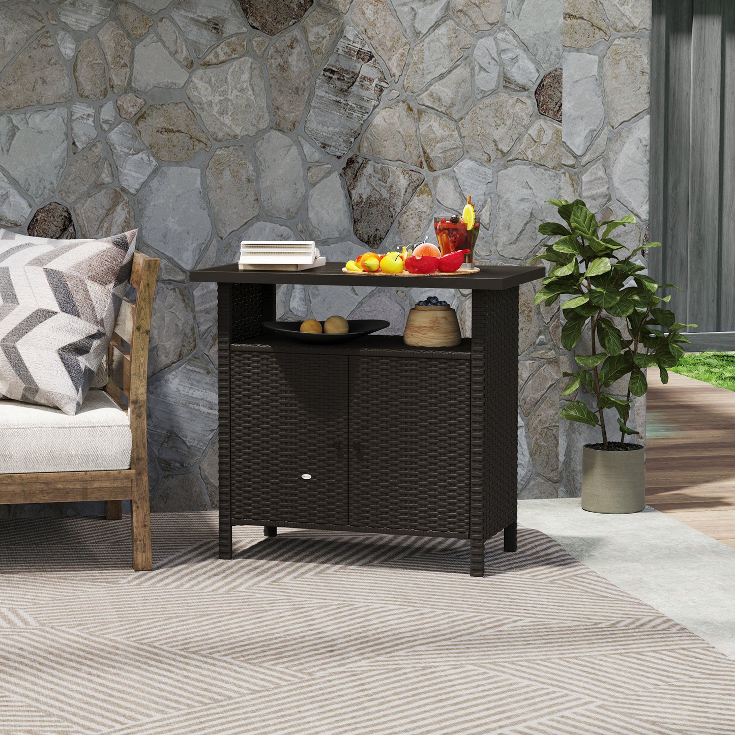 Wicker Outdoor Storage Cabinet with Two Doors and Shelf for Outdoor Pool Towel Storage, Dark Coffee