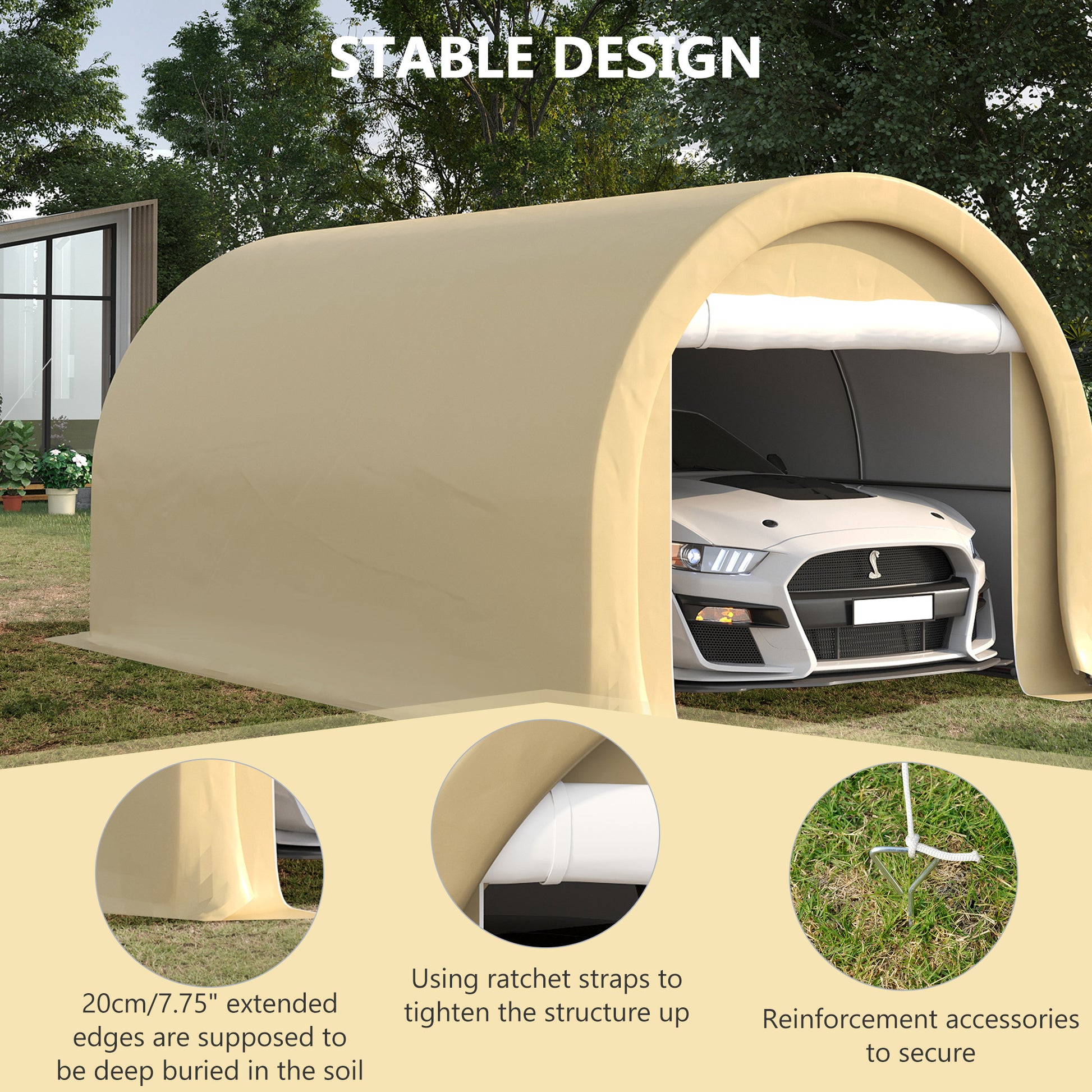 10' x 16' Heavy Duty Portable Carport Tent with Zippered Door, PE Cover for Car, Boat, Motorcycle, Bike, Beige
