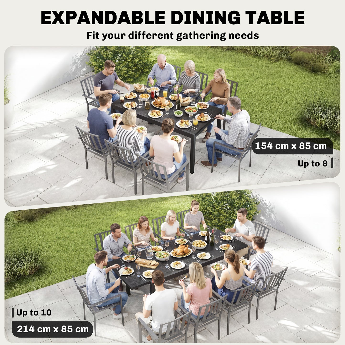 Expandable Patio Dining Table for 8-10 People, 60.6"/84.3" Aluminum Outdoor Dining Table with Adjustable Foot Pads