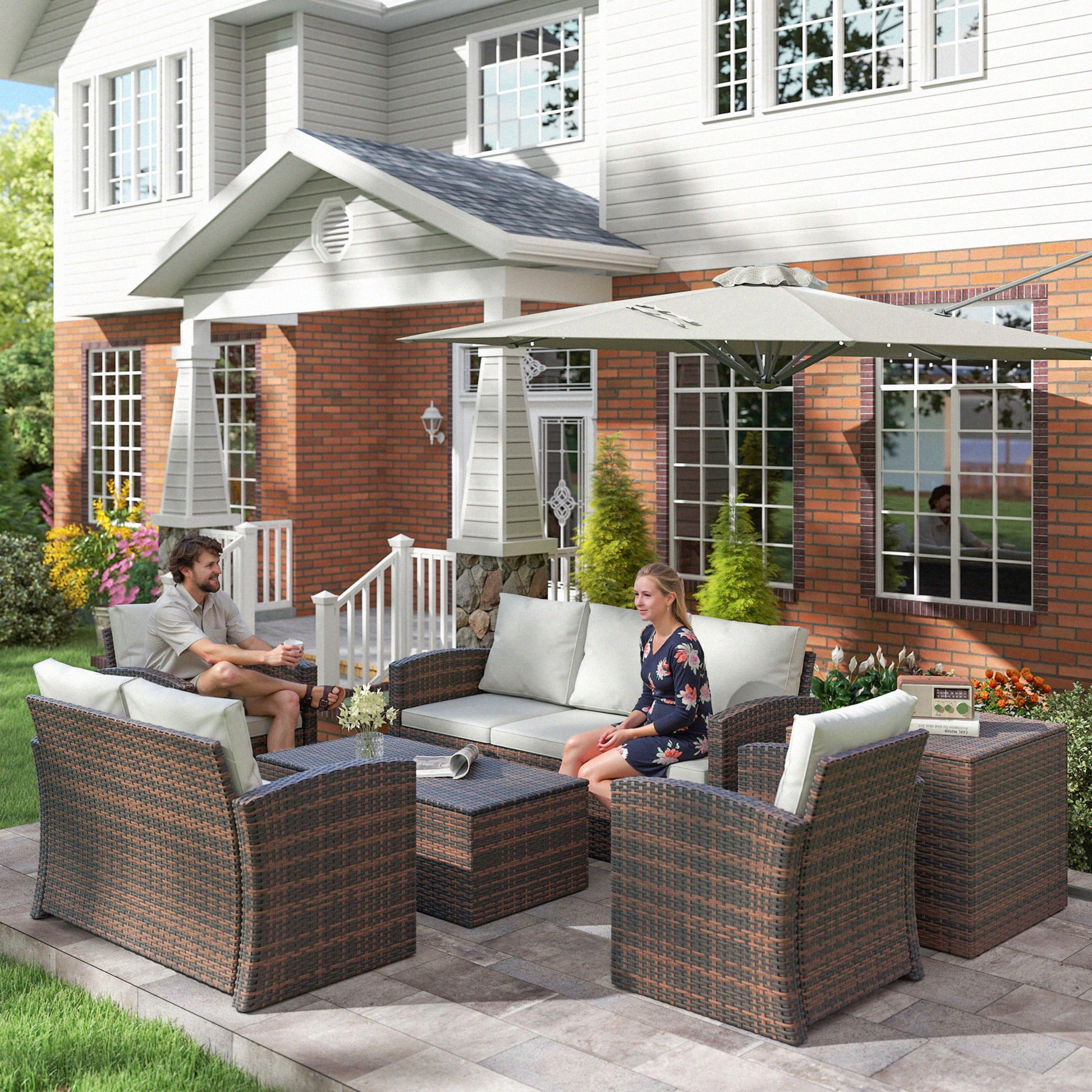 6 Pieces Wicker Patio Furniture Set with Cushions, 7-Seater Rattan Patio Sofa Set with Storage Coffee Table & Side Table, Sectional Outdoor Furniture Set, Cream White