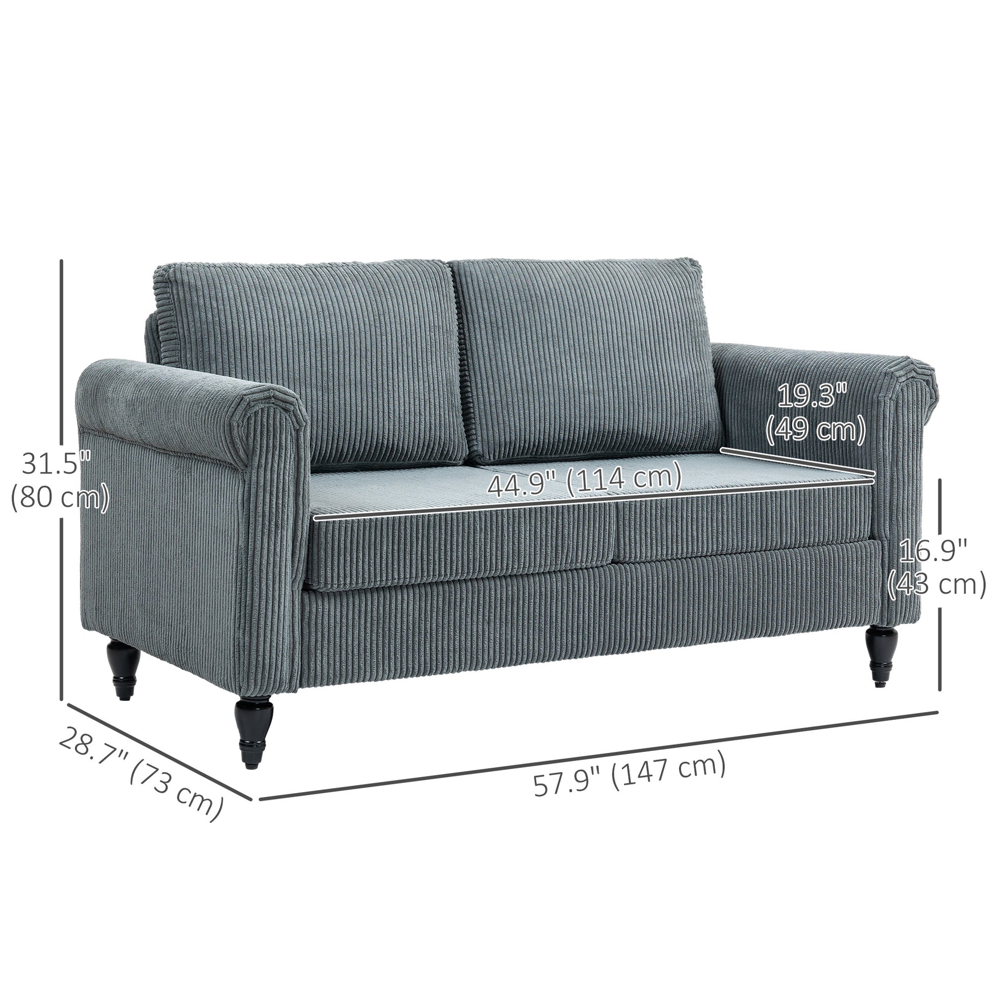 Vintage Loveseat, Upholstered Love Seat Furniture, Fabric 2 Seater Sofa with Rolled Arms, Rubber Wood Legs, Grey