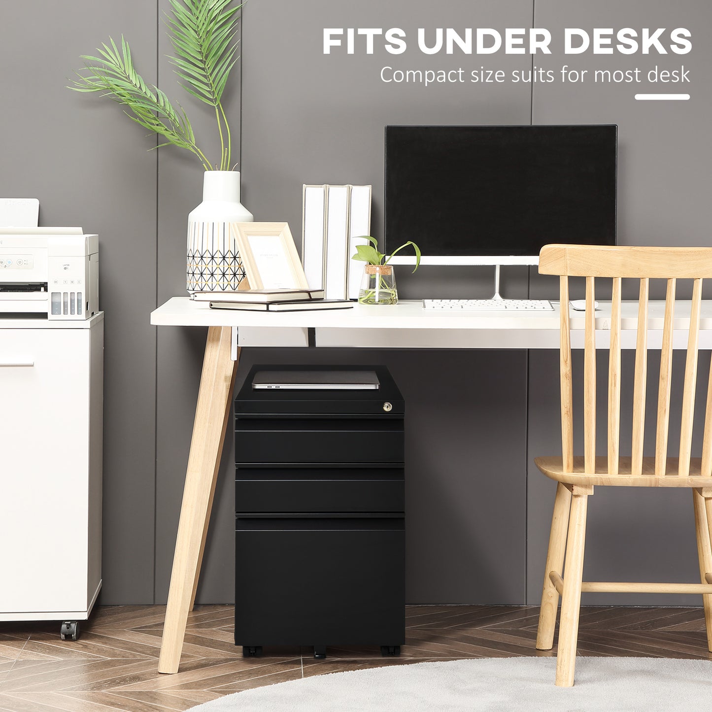 3 Drawer Filing Cabinet, Lockable Office Storage Cabinet on Wheels for Legal, Letter, A4 Files, Black