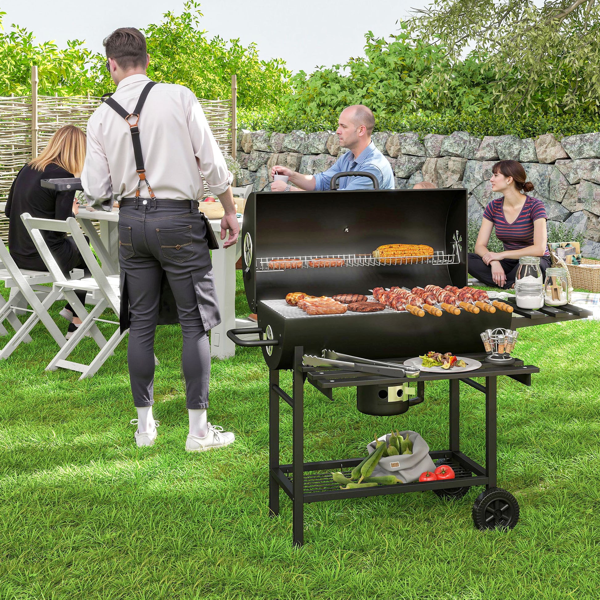 29" Charcoal BBQ Grill Barbecue Grill with Foldable Front Side Table, Spacious Cooking Area, Shelf, Black