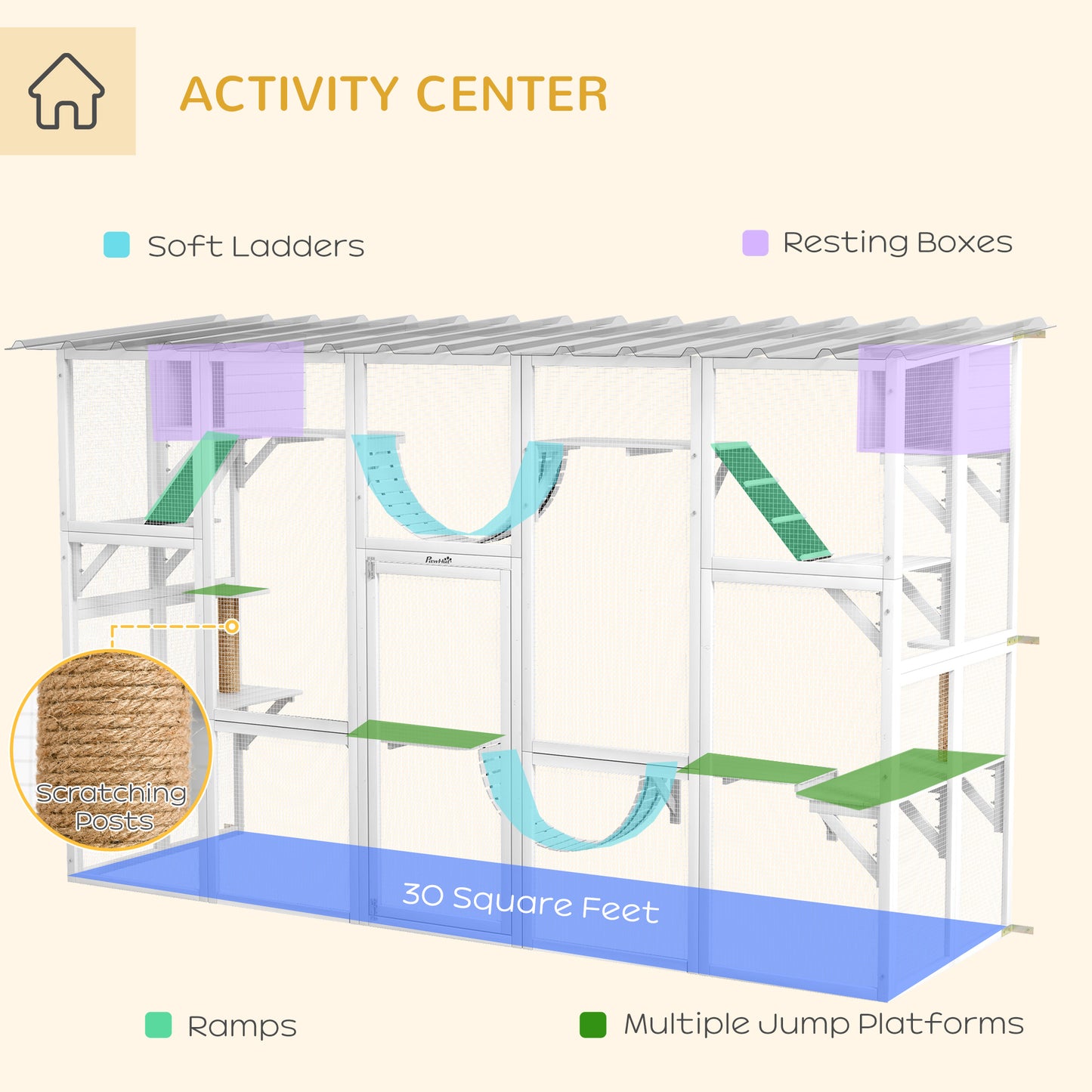 Large Outdoor Catio with Condos, Platforms, Doors, Ladders, Weather-Resistant Roof, White