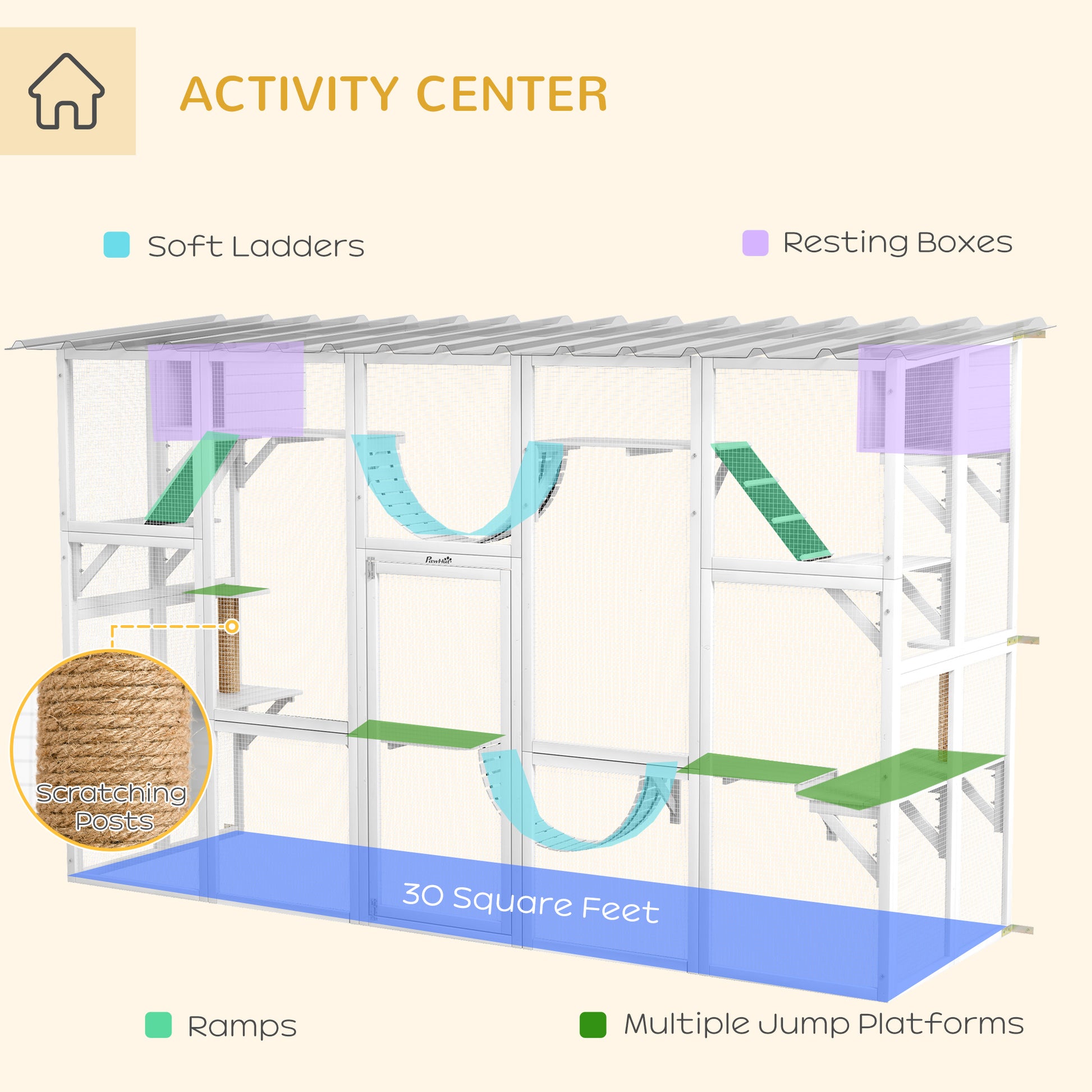 Large Outdoor Catio with Condos, Platforms, Doors, Ladders, Weather-Resistant Roof, White