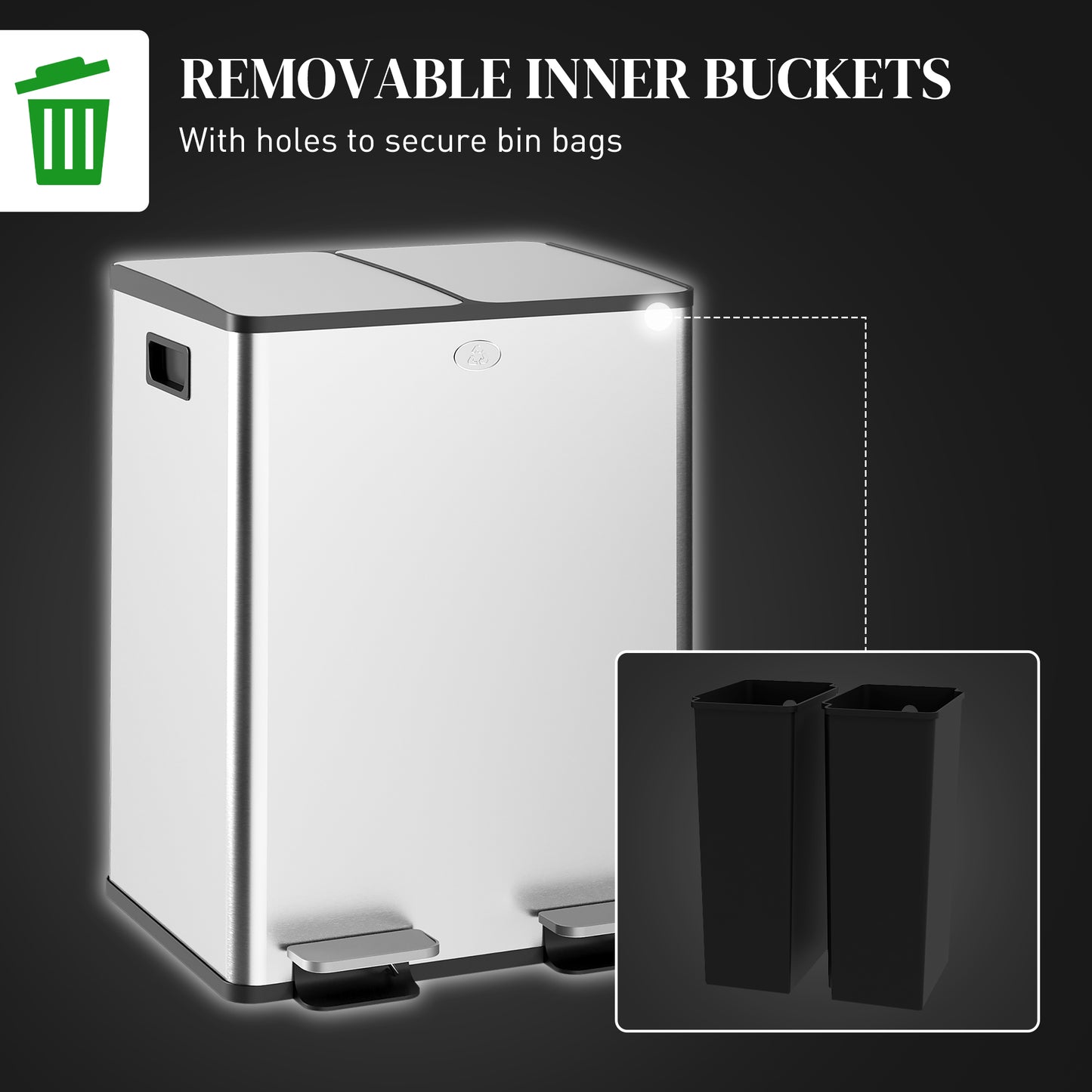 Dual Garbage Bin, Soft-Close Trash Can with Foot Pedal, 2 x 20 Liter Garbage Can with Removable Inner Buckets, Silver