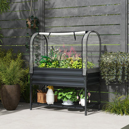 Raised Garden Bed with Cover, Metal Elevated Planter Box with Bottom Shelf and Liner, Dark Grey