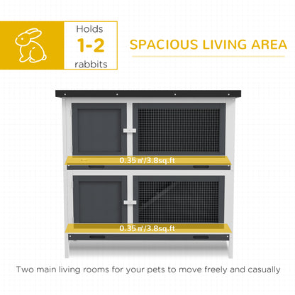 Wood Rabbit Hutch with 2 Large Main House, Ramp, Trays, Grey