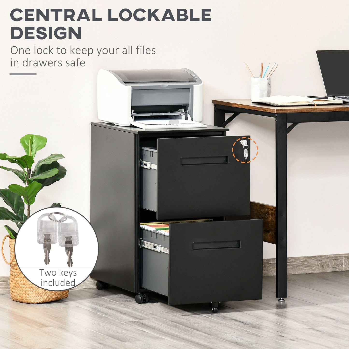 File Cabinet, Vertical Filing Cabinet with Adjustable Partition for A4 Letter Size, Lockable for Office, Black