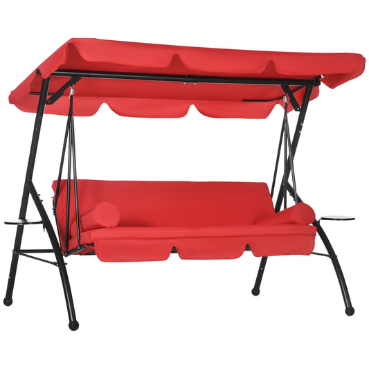 3-Seat Outdoor Patio Swing Chair, 2-in-1 Convertible Flat Bed, Canopy Swing Glider w/ Adjustable Shade, Removable Cushion and Pillows for Porch, Garden, Poolside