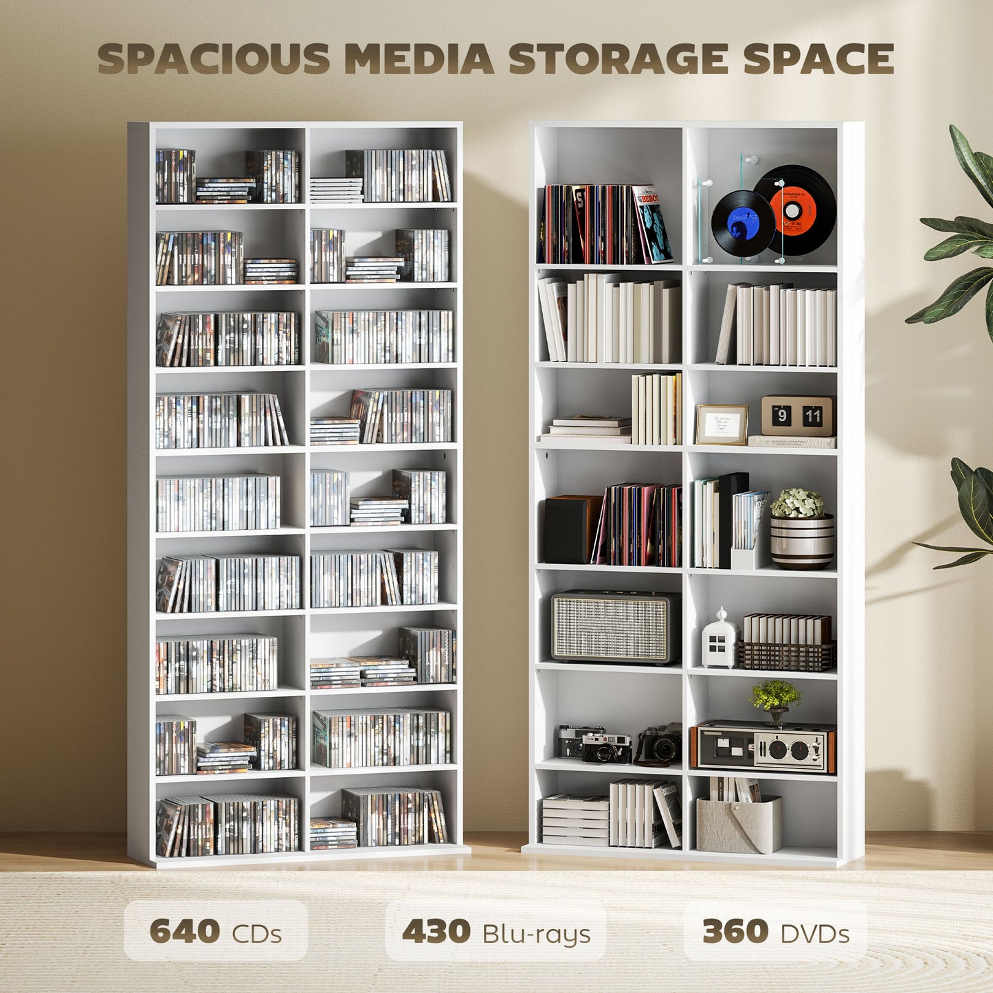 9-Tier DVD Shelf with 18 Compartments and 14 Adjustable Shelves, Holds 640 CDs, 360 DVDs or 430 Blu-rays, White