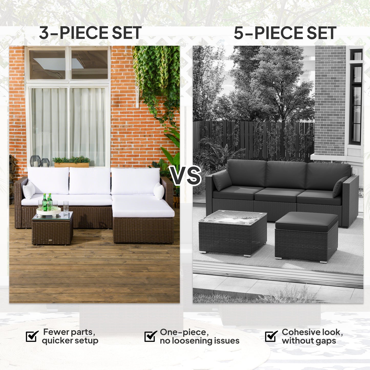 3pcs Modern Rattan Sofa Set, Wicker Patio Furniture Set with Coffee Table, Cushions, Pillows