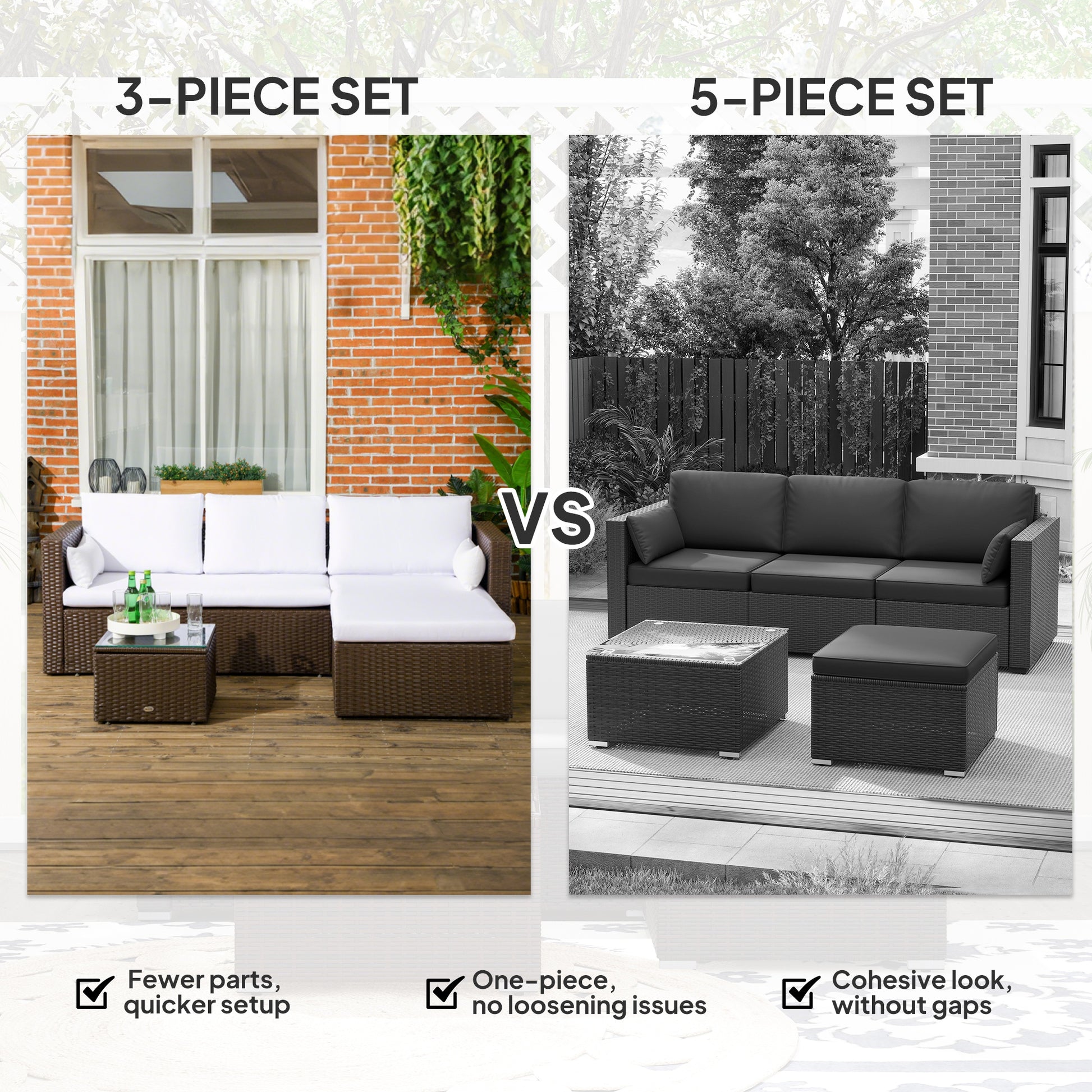 3pcs Modern Rattan Sofa Set, Wicker Patio Furniture Set with Coffee Table, Cushions, Pillows