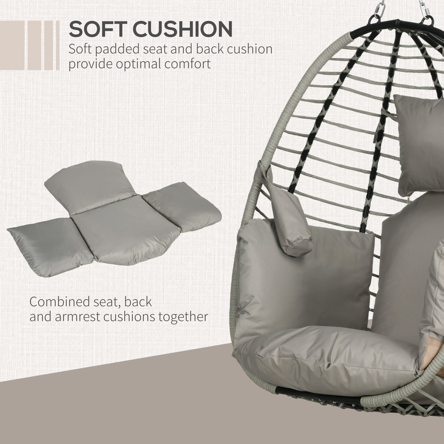 Outdoor Hanging Egg Chair with Thick Padded Cushion, Patio Swing Chair, Grey