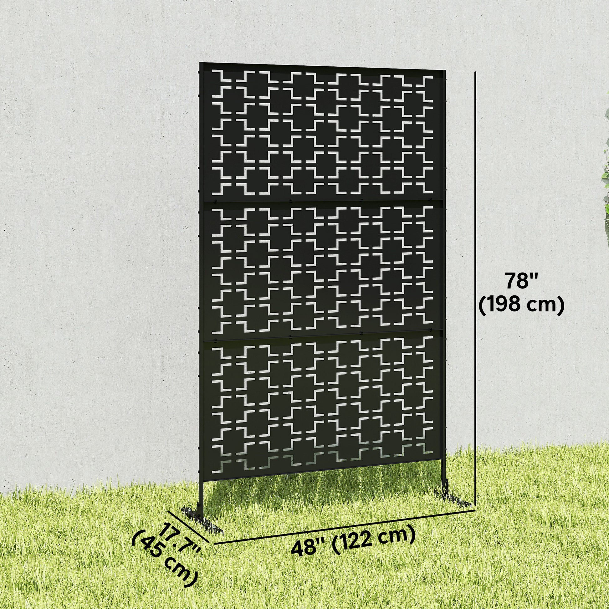 6.5FT Decorative Outdoor Divider, Metal Privacy Screen with Stand, Grid Style, Black