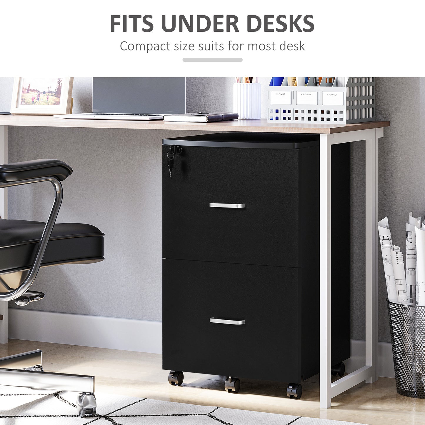 2 Drawer File Cabinet with Lock, Small Rolling Filing Cabinet for A4, Letter-Size Documents, Printer Stand for Home Office, 17" x 17.75" x 28.25", Black