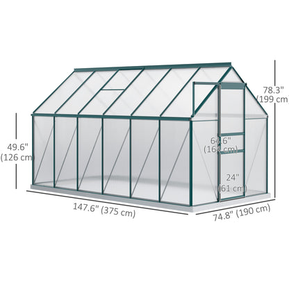 6' x 12' x 6.5' Polycarbonate Greenhouse, Walk-in Green House with Adjustable Roof Vent Galvanized Base Sliding Door Rain Gutter for Outdoor Garden Backyard, Green