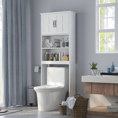 Modern Over The Toilet Storage, Bathroom Cabinets Over Toilet with Open Shelves and Double Door Cabinet, White